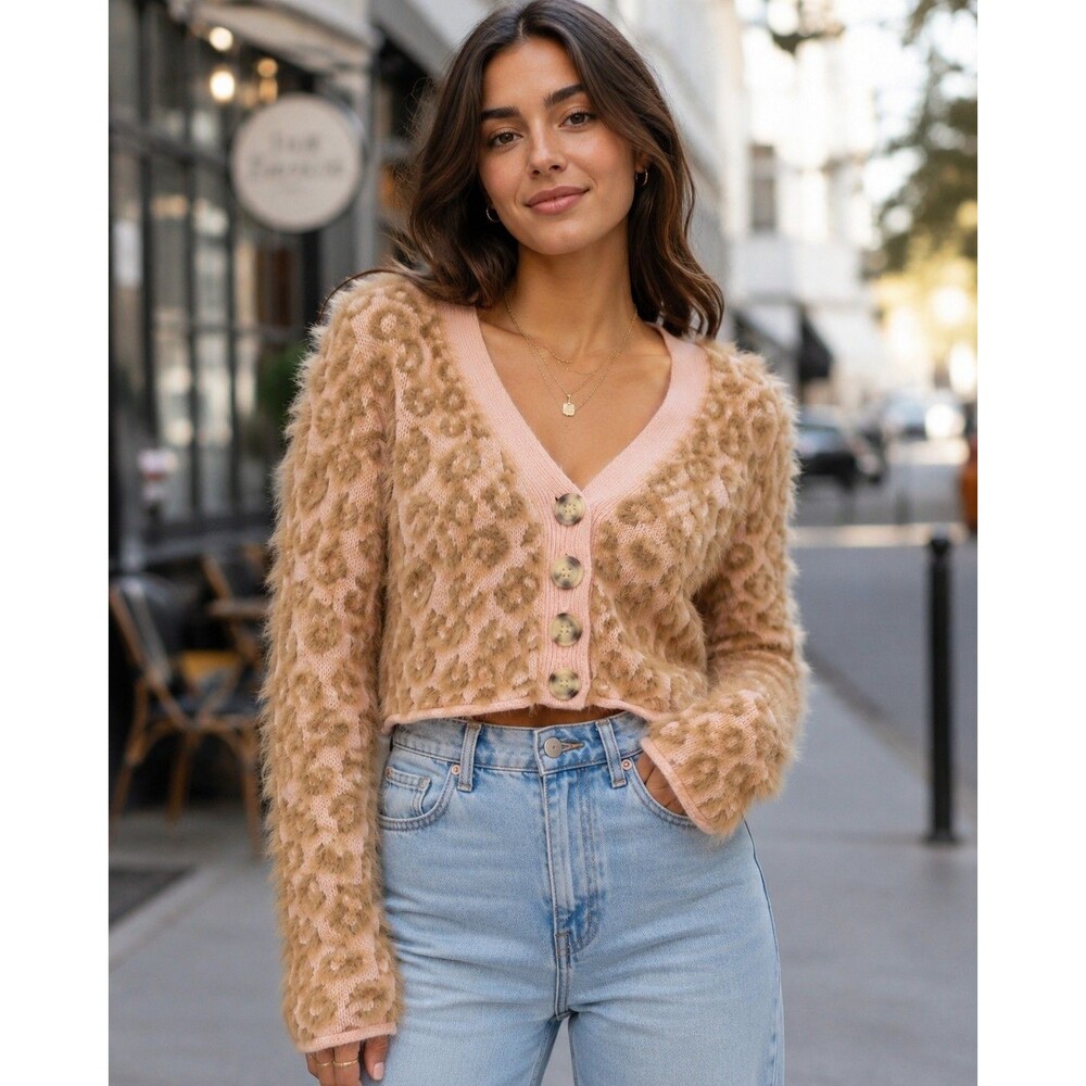 Kimchi Blue Urban Outfitters XS Pink Tan Leopard Fuzzy Cropped Cardigan Y2K